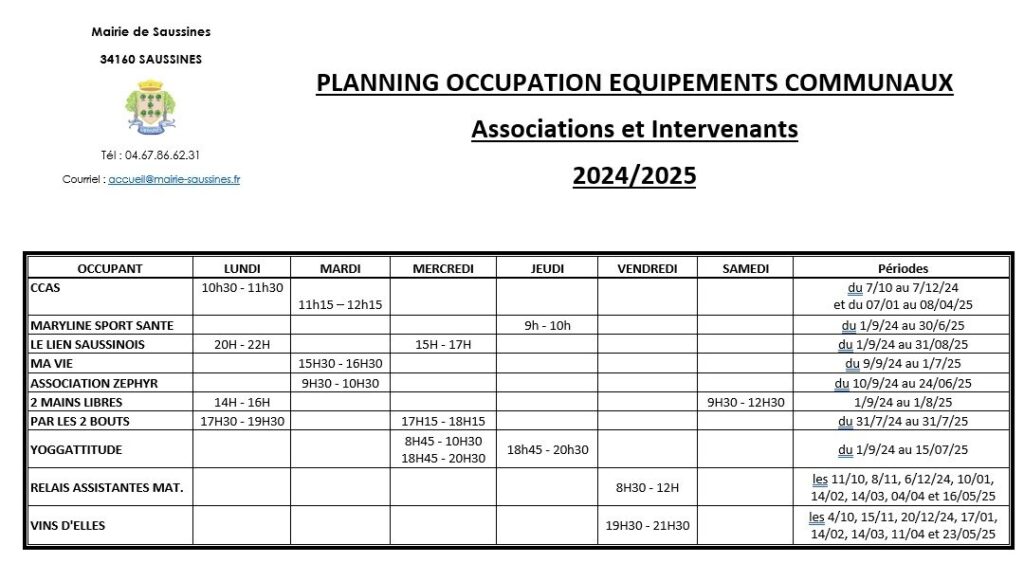 Salles de associations Saussines - Planning